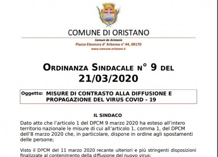 Comune di Oristano – nuova ordinanza sindacale
