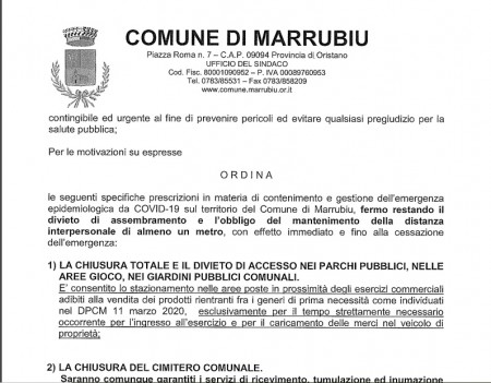 Comune di Marrubiu nuova ordinanza sindacale – provvedimenti contingibili ed urgenti