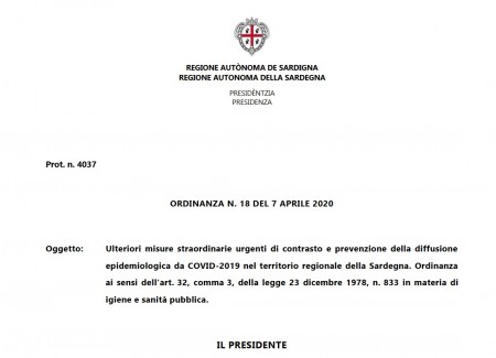 Regione Sardegna ORDINANZA N. 18 DEL 7 APRILE 2020